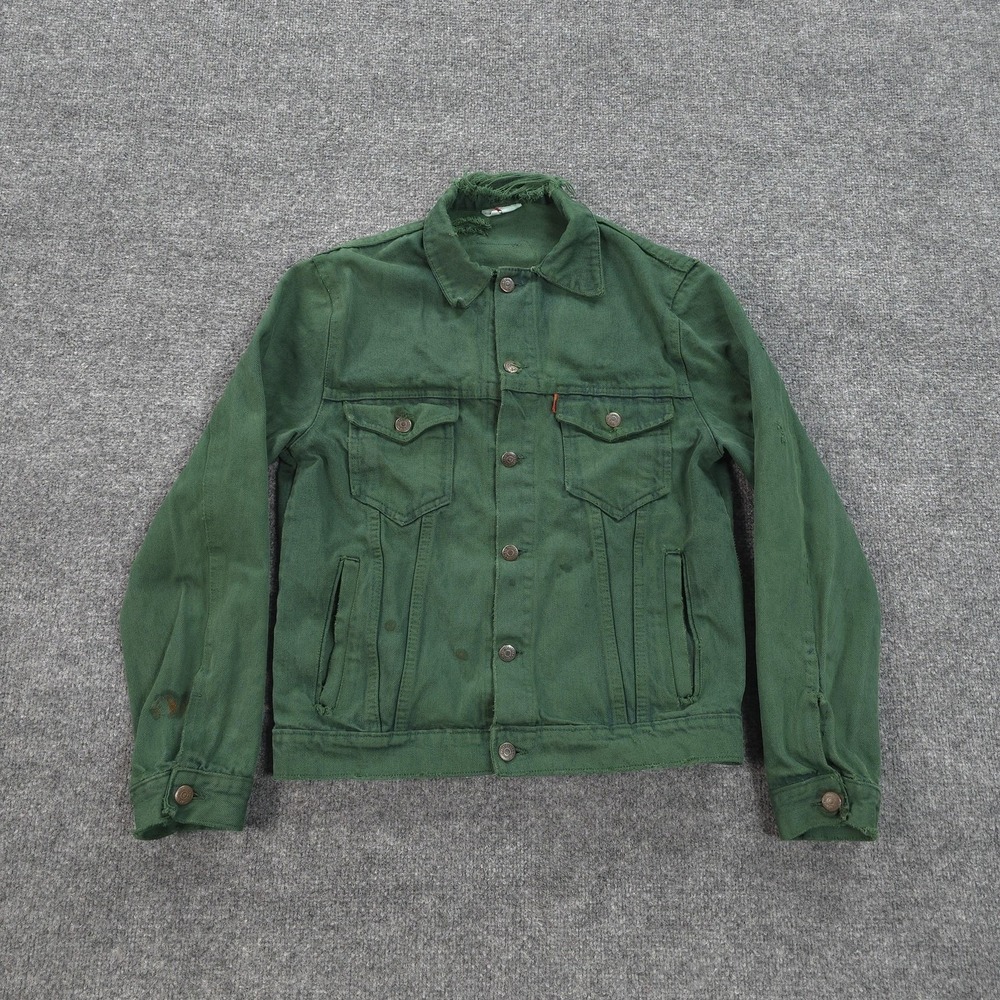 Vintage Levis Jacket Mens Small Green Denim Trucker Distressed Workwear 80s